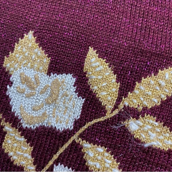 Vintage Metallic Knit Sweater Vest Floral Beaded Plum Purple Gold Trim M/L - Picture 8 of 12